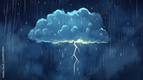 Digital illustration of a dark, stylized cloud with a lightning bolt during a rainstorm.