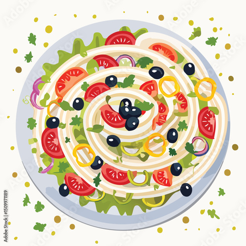 Greek Salad in a Whimsical Scene with Vibrant Swirl Motions All Around.