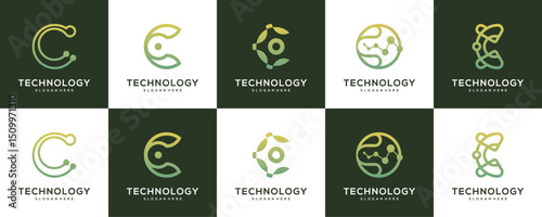 Set Collections of Letter C with Dots and Stripe Molecule Tech, Logo Design Ideas. Unique Vector of Technology Network Connections.