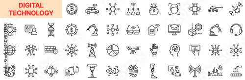 Digital Technology Line Icon Design Featuring Blockchain, DNA Sequences, Robotics, 5G Signals, Augmented Reality, Smart Devices, Cloud Systems, Drones, Fingerprint Access, Machine Learning, and AI Int