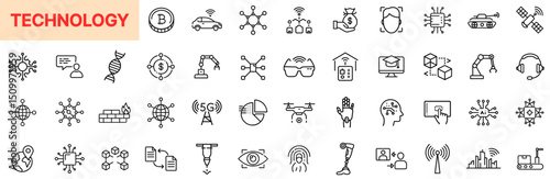 Technology Line Icon Design Featuring Robots, Drones, Data Charts, Blockchain, Virtual Reality, Artificial Intelligence, Networking, Cybersecurity, Fingerprint Scans, Satellites, and Signal Transmissi