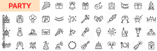 Party and Event Celebration Line Icon Design Featuring Gift Boxes, Balloons, Confetti, Fireworks, Music Notes, Wine Glasses, Cakes, Party Hats, Banners, Ice Creams, Ribbons, and Toasting Scenes