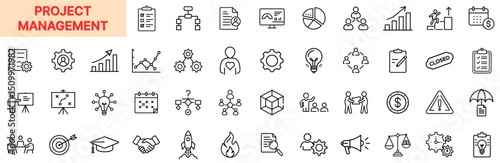 Project Management Line Icon Design Featuring Organizational Charts, Reports, Timeline Graphs, Task Lists, Goals, Progress Indicators, Collaboration Teams, Risk Alerts, Schedules, and Productivity Too