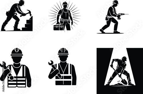 Construction Worker with Tools Silhouette Set – Builder Icon Collection Silhouettes of Workers & Tools – Construction Labor Vector Set