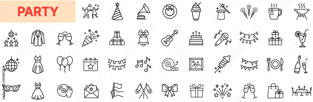 Fototapeta premium Party Line Icon Design Featuring Balloons, Gift Boxes, Champagne Glasses, Cakes, Fireworks, Confetti, Party Hats, Music Notes, Banners, Outfits, Ice Cream, and Celebration Elements