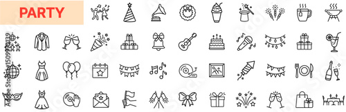 Party Line Icon Design Featuring Balloons, Gift Boxes, Champagne Glasses, Cakes, Fireworks, Confetti, Party Hats, Music Notes, Banners, Outfits, Ice Cream, and Celebration Elements