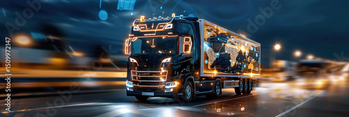 High-tech truck with glowing holographic data streams in blue dark background background dark blue in streams data holographic. update
