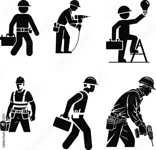 Construction Worker with Tools Silhouette Set – Builder Icon Collection Silhouettes of Workers & Tools – Construction Labor Vector Set