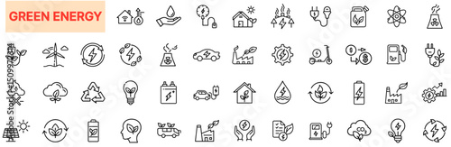 Green Energy Line Icon Design Featuring Solar Panels, Electric Vehicles, Eco Lightbulbs, Leaf Symbols, Charging Stations, Renewable Power Grids, Sustainable Buildings, Batteries, and Clean Energy Drop