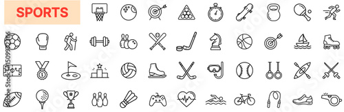 Sports Equipment and Activity Line Icon Design Featuring Balls, Courts, Stopwatches, Gym Tools, Bats, Skates, Trophies, Video Game Controllers, Rackets, Bicycles, Running Shoes, and Fitness Challenges
