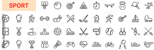 Sport Activity Line Icon Design Featuring Balls, Players, Fitness Gear, Trophies, Whistles, Rackets, Gym Equipment, Water Sports, Cycling, Heart Rate, Video Games, and Athletic Competitions