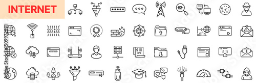Internet Line Icon Design Featuring Web Connections, Routers, Data Transfer, Email Communication, Fiber Cables, Cybersecurity, Cloud Servers, Hosting Interfaces, Signal Towers, and User Networks