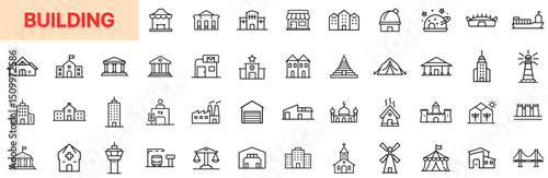 Building Architecture Line Icon Design Featuring Residential Houses, Hotels, Government Halls, Religious Structures, Skyscrapers, Factories, Domes, Arenas, Lighthouses, Cabins, and Public Landmarks