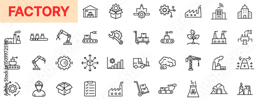 Factory and Industrial Line Icon Design Featuring Manufacturing Robots, Assembly Lines, Warehouses, Production Gear, Plant Facilities, Engineers, Cranes, Cargo Boxes, Tools, and Industrial Vehicles