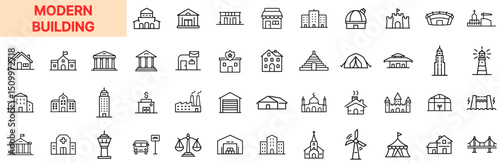 Modern Building Architecture Line Icon Design Featuring Skyscrapers, Factories, Churches, Lighthouses, Government Institutions, Hotels, Towers, Museums, Power Plants, Windmills, and Urban Structures