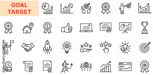 Goal and Target Achievement Line Icon Design Featuring Trophies, Success Charts, Lightbulbs, Handshakes, Star Ratings, Certificates, Checkmarks, Graph Indicators, Business Milestones, and Growth Rewar