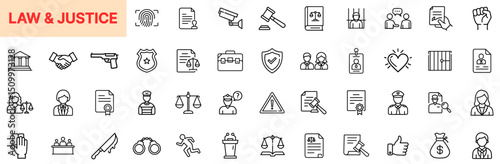 Law and Justice System Line Icon Design Featuring Courtroom Symbols, Gavel Decisions, Legal Documents, Police Authority, Handcuffs, Rights Protection, Crime Investigation, and Judicial Balance Concept