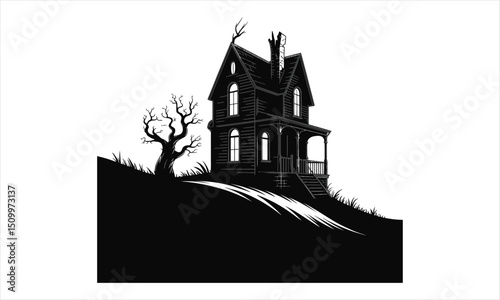 Spooky haunted house hilltop silhouette halloween