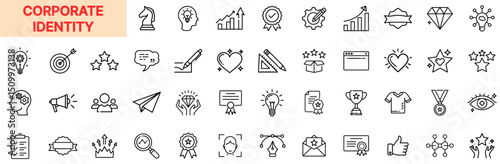 Corporate Identity and Brand Representation Line Icon Design Featuring Logos, Certificates, Awards, Brand Messaging, Marketing Symbols, Taglines, Company Culture Icons, and Professional Recognition Ba