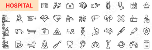 Hospital and Medical Facility Line Icon Design Featuring Emergency Services, Surgical Tools, Heart Monitors, Hospital Beds, Anatomy Parts, Medical Tests, Health Insurance, and Doctor Consultations