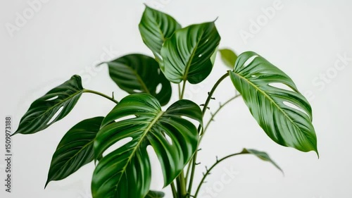 Lush Green Monstera Plant with Unique Leaf Patterns on White Background