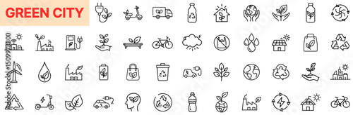 Green City and Urban Sustainability Line Icon Design Featuring Eco Transportation, Solar Homes, Leaf Power, Clean Energy, Tree Planting, Recycling Symbols, Reusable Items, and Low-Emission Urban Solut