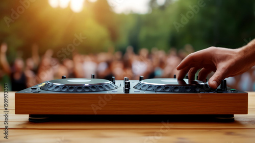 Hands of DJ Adjusting Controls on Professional Mixer at Outdoor Music Festival with Audience