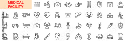 Medical Facility and Healthcare Line Icon Design Featuring Ambulances, Doctors, Syringes, Organs, DNA, Medical Kits, X-rays, Hospital Beds, Brain Scans, Heart Monitoring, Bones, and Emergency Equipmen