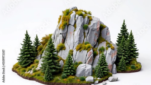 Detailed 3D Render of Rocky Mountain with Greenery and Trees