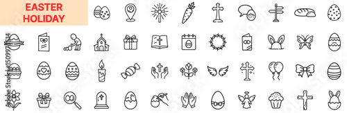 Easter Holiday and Religious Symbols Line Icon Design Featuring Decorated Eggs, Bunnies, Church Scenes, Crosses, Celebration Ribbons, Scripture Books, Carrots, Holiday Meals, Faith Elements, and Flowe