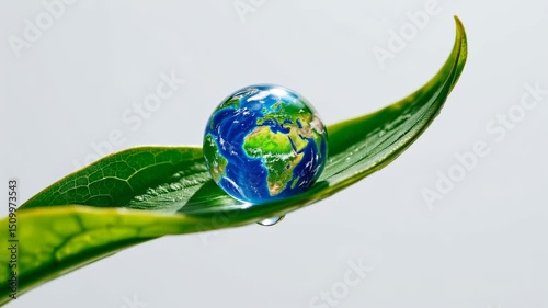 Water Droplet Reflects Earth Globe on Fresh Green Leaf Surface