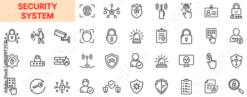 Security System and Access Control Line Icon Design Featuring Locks, Surveillance Cameras, Fingerprints, Biometric ID, Alarm Bells, Firewalls, Password Keypads, Shield Icons, and Digital Protection El
