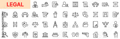 Legal and Judicial System Line Icon Design Featuring Scales of Justice, Court Documents, Judges, Law Firms, Legal Files, Jury Trials, Rights Symbols, Criminal Records, Legal Advice, and Courtroom Proc