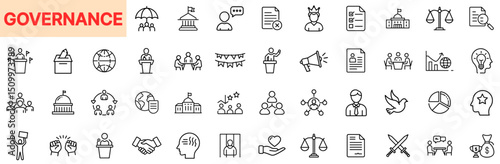 Governance and Public Administration Line Icon Design Featuring Government Buildings, Voting Icons, Legal Documents, Political Debates, Group Leadership, Civic Rights, Policy Charts, and Decision-Maki