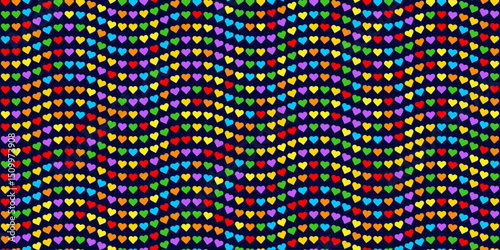 Wavy Rainbow Heart Mosaic, seamless vector pattern with colorful hearts in a retro vintage rainbow palette. Perfect for backgrounds, textiles, and festive banner designs, spreads love and joy