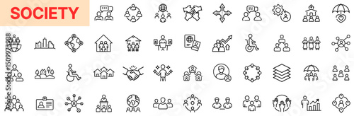 Society and Community Interaction Line Icon Design Featuring Social Networks, Family Units, Group Activities, Inclusion Icons, Cooperation Symbols, Public Engagement, Neighborhoods, and Human Relation