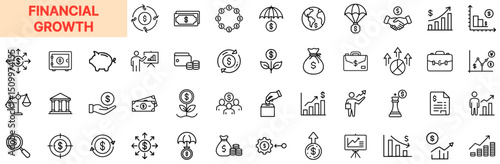 Financial Growth and Investment Line Icon Design Featuring Money Bags, Piggy Banks, Line Charts, Seed Investments, Return Arrows, Economic Metrics, Bank Funding, Profit Forecasts, and Wealth Developme