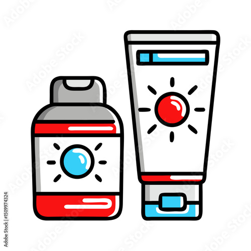 Sunblock lotion containers for summer protection.