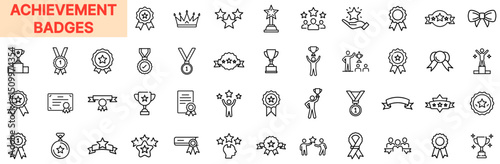 Achievement Badges and Reward Symbols Line Icon Design Featuring Medals, Stars, Crowns, Trophy Icons, Certificates, Winning Poses, Honor Ribbons, Recognition Labels, and Successful Performance Illustr