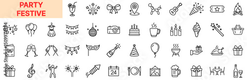 Party and Festive Celebration Line Icon Design Featuring Balloons, Music, Fireworks, Cakes, Drinks, Candles, Disco Balls, Masks, Confetti, Gifts, Holiday Foods, Dancing, Fire Pits, and Festival Decora