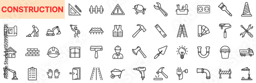 Construction and Building Tool Line Icon Design Featuring Hammers, Helmets, Bricks, Safety Gear, Blueprints, Engineering Symbols, Ladders, Wrenches, Cranes, Roadblocks, Plumbing Pipes, and Infrastruct photo
