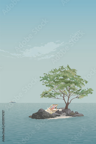 Beach chair on a deserted island in the middle of the ocean with blue sky vertical background illustrated have blank space. Vacation in summer concept.