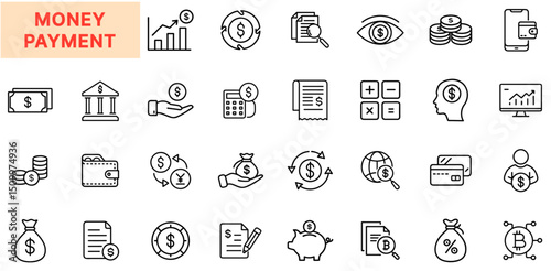 Money Payment and Finance Transaction Line Icon Design Featuring Coins, Banknotes, Dollar Signs, Wallets, Credit Cards, Currency Exchange, Financial Apps, Receipts, Tax Forms, and Accounting Calculati