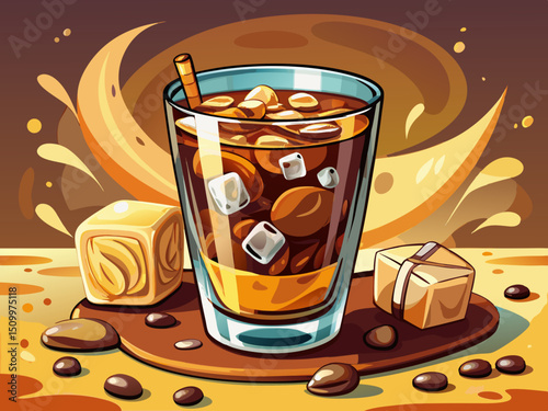 A glass of coffee with ice cubes in it. The coffee is brown and has a creamy texture. The ice pieces are scattered around the glass and create a contrast between hot coffee and cold ice. On the table.