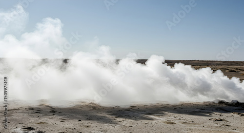 Geothermal Activity Creates a Dramatic Landscape with Rising Steam Clouds