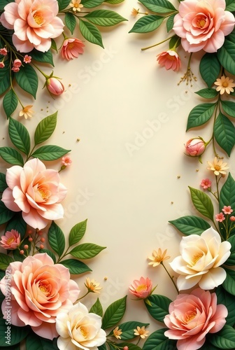A delicate arrangement of paper roses and blossoms creates a beautiful frame, perfect for invitations, announcements, or adding a touch of elegance to your designs.
