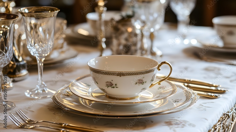 Photograph of elegant, ornate white china tea service with gold detailing on a luxurious tablecloth. Photograph of elegant, ornate white china tea service with gold detailing on a luxurious tablecloth.