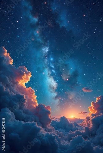 A Serene Sunset Sky Above a Sea of Clouds with a Starry Night and Milky Way Galaxy Visible