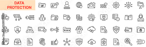 Data Protection and Cybersecurity Line Icon Design Featuring Lock Symbols, Firewalls, Encryption Keys, Private Files, Cloud Security, Shield Icons, Login Access, Password Management, and Secure Connec