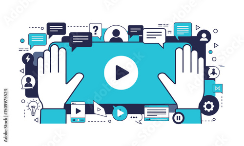 An abstract illustration depicting hands interacting with a large screen, surrounded by various digital communication and content creation elements.